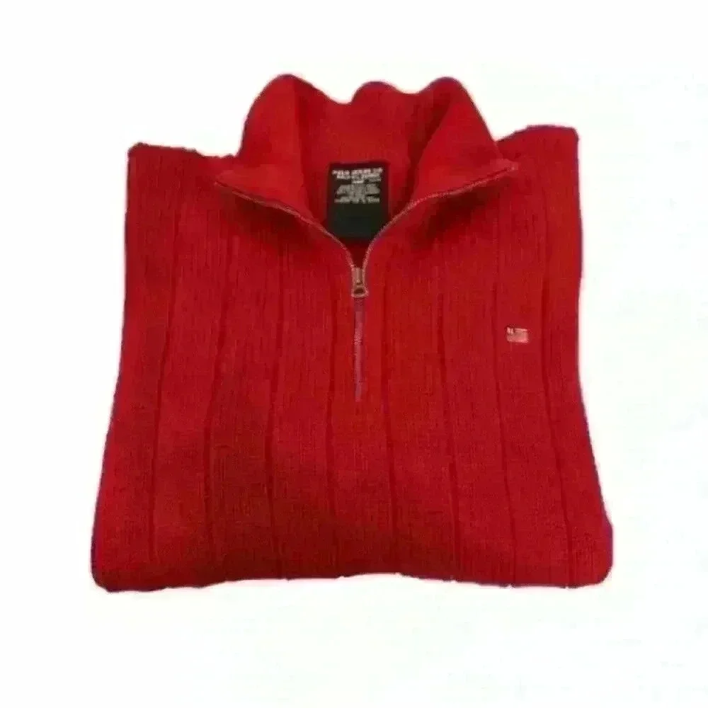 Men’s Vintage Polo Ralph Lauren Red Half Zip Mock Neck Flag Logo Sweater- Medium